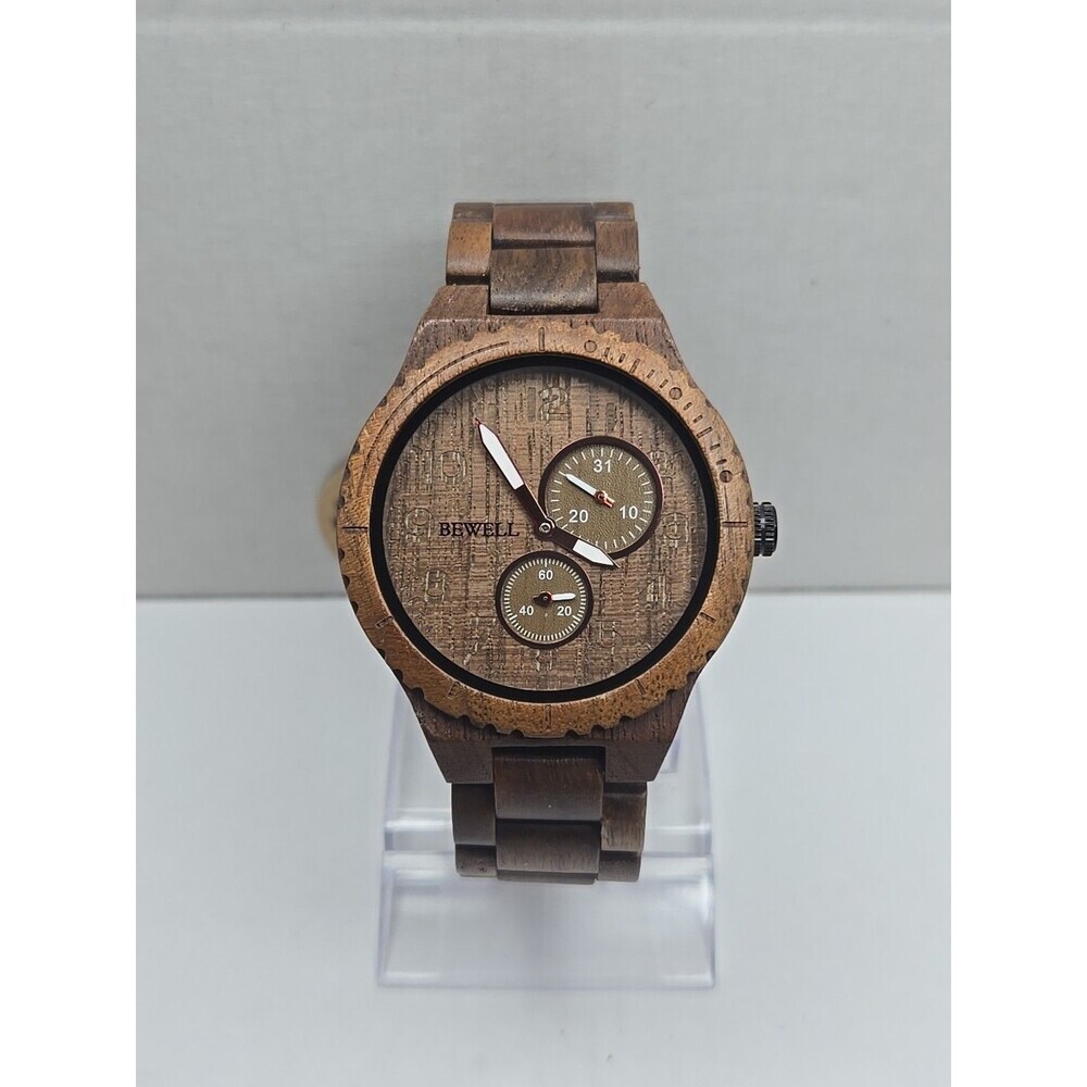 Bewell Black Walnut Wooden Watch Quartz Date Seconds Subdials Brown New Battery
